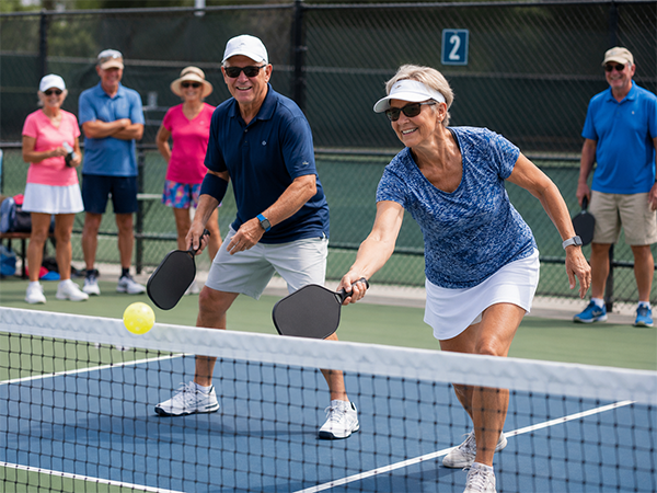 55 and older players competing in a pickleball game
