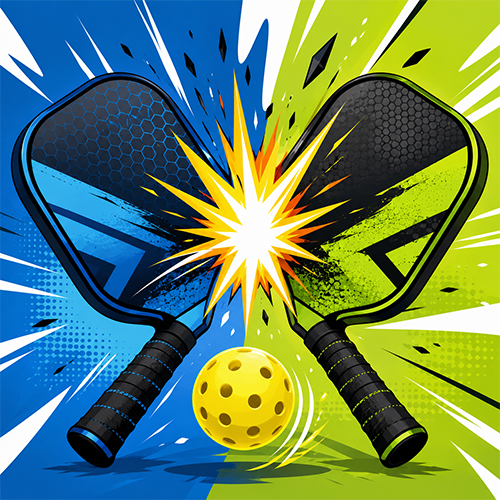 Two pickleball paddles clashing with a ball