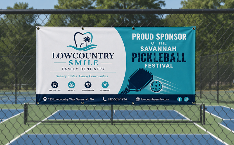 Sample event sponsor banner on a pickleball court fence