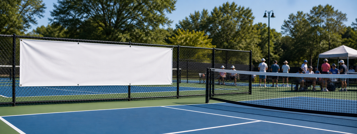 Premier sponsor banner placement on a pickleball court fence
