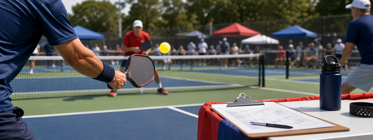 Pickleball tournament scene with paddles and scorekeeping